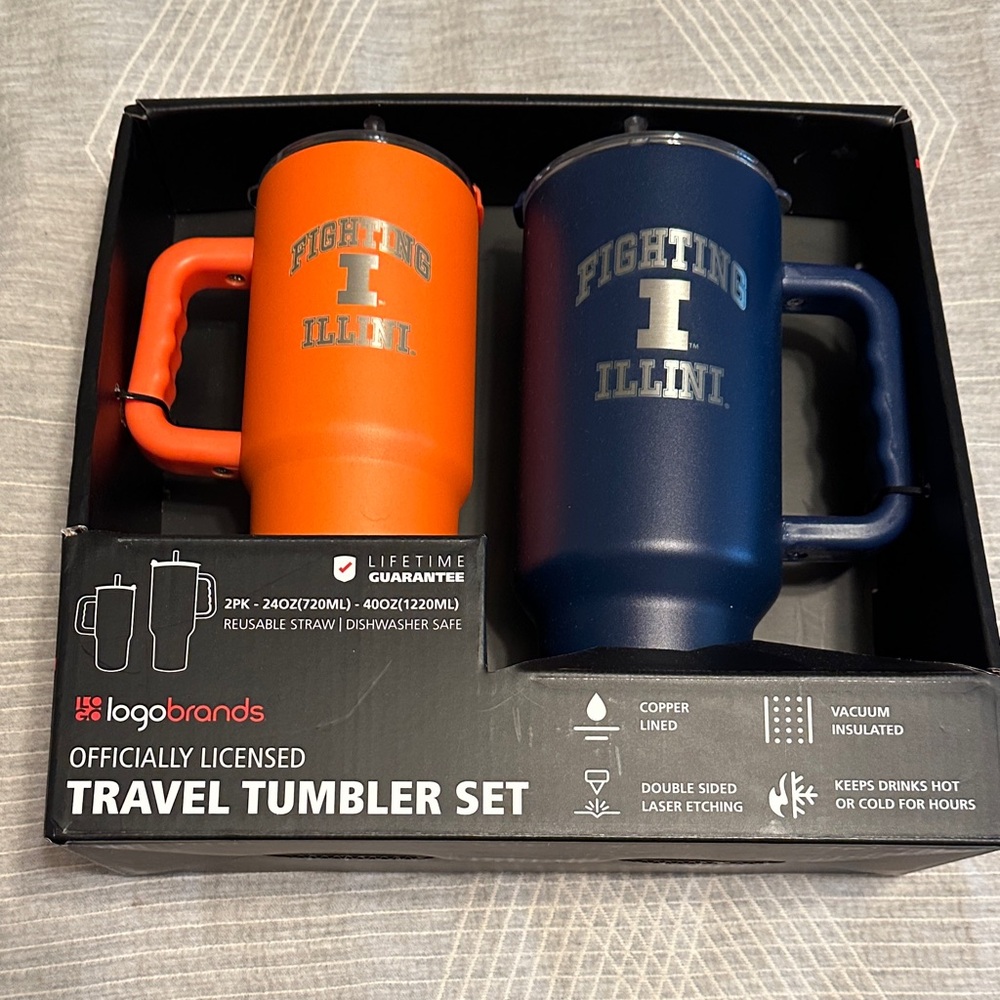 NIB LogoBrands Illinois Fighting Illini 2 PK Travel Tumbler Set - 40 oz/24 oz.